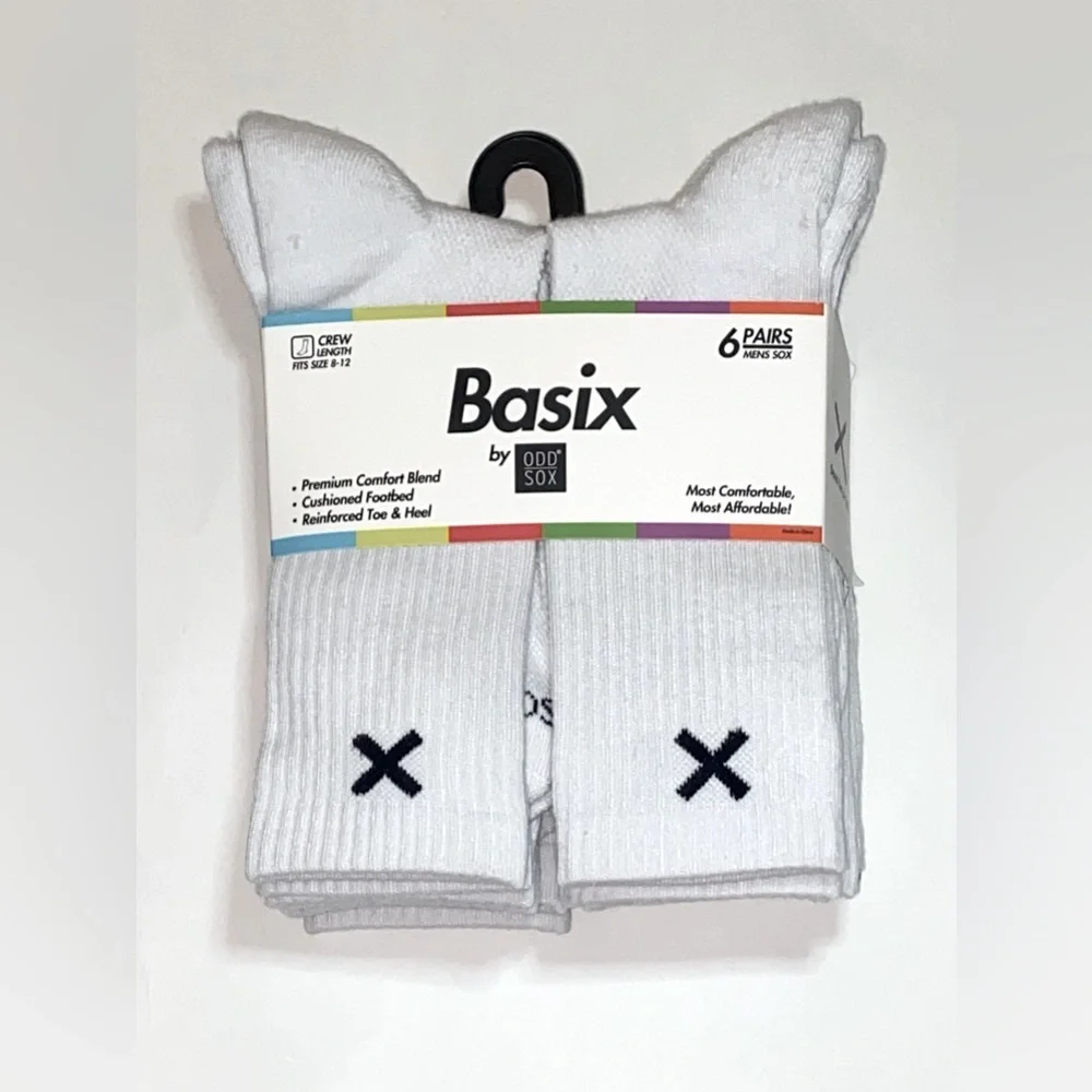 BASIX BY ODD SOX athletic Cushioned Crew Socks 6 Pairs tall white Black X logo